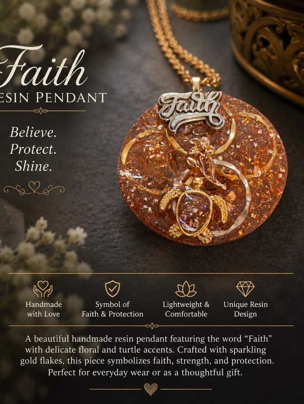 Faith Resin Pendant Necklace — Gold Glitter